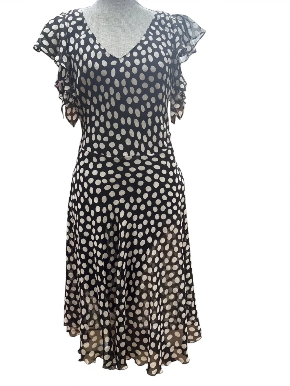 Georgiou Studio 100% Silk Polka Dot Midi Dress 8 Flutter Sleeve Romantic Y2K